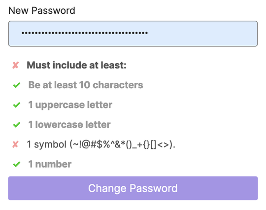 A screenshot of a password changing form that complaints that a 38 characters long password does not contain special symbols