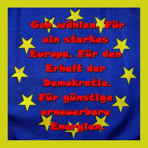 Geh wählen. Für
ein starkes 
Europa. Für den 
Erhalt der 
Demokratie.
Für günstige 
erneuerbare 
Energien.