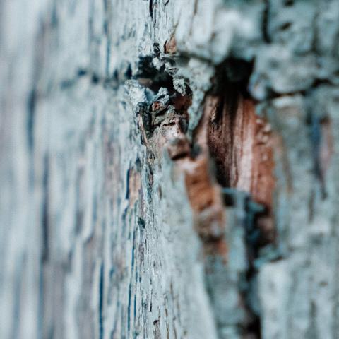 Close-up of weathered painted wood with peeling paint and exposed brick, showing intricate textures and signs of aging.