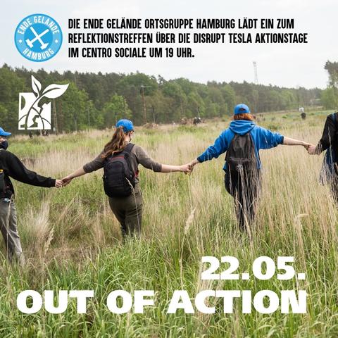 Die Ende Gelände Ortsgruppe Hamburg lädt ein zum Reflektionstreffen über die Disrupt Tesla Aktionstage im Centro Sociale um 19 Uhr am 22.05.
Dazu ein Symbolbld von Aktivisti, die in einer Reihe nebeneinander durch eine hohe Wiese laufen und sich an den Händen halten.