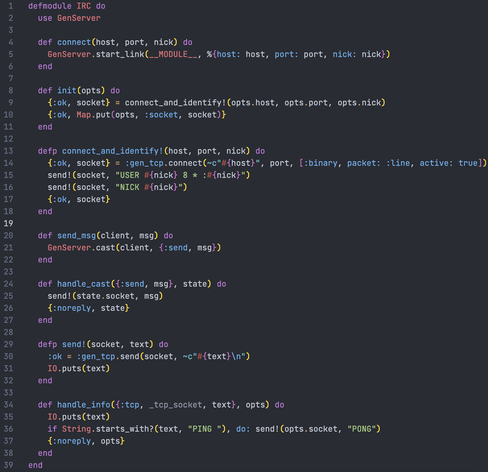 A minimal IRC client written in Elixir. It has less than 40 lines and is meant to be used in the terminal.