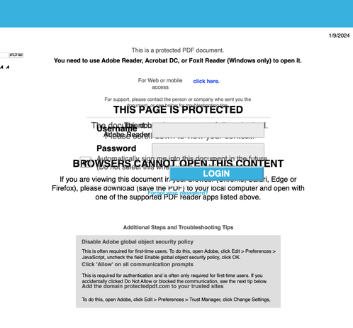 glitchy PDF render showing part of a login page and also a message stating "BROWSERS CANNOT OPEN THIS CONTENT" and also instructions to disable adobe global security policy.