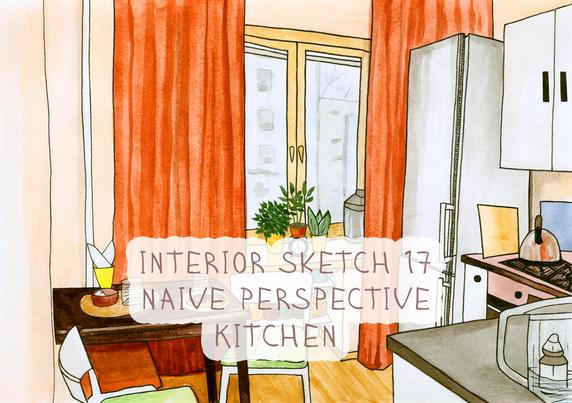 Kitchen, naive art. Sketch interior illustration 17, naive perspective, sketchbook. Watercolor and liner.