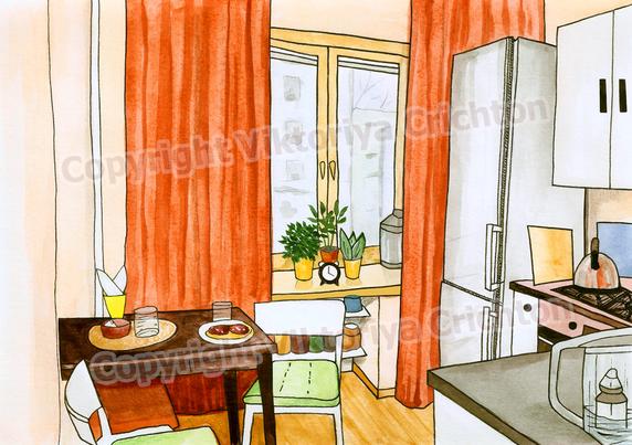 Kitchen, naive art. Sketch interior illustration 17, naive perspective, sketchbook. Watercolor and liner.