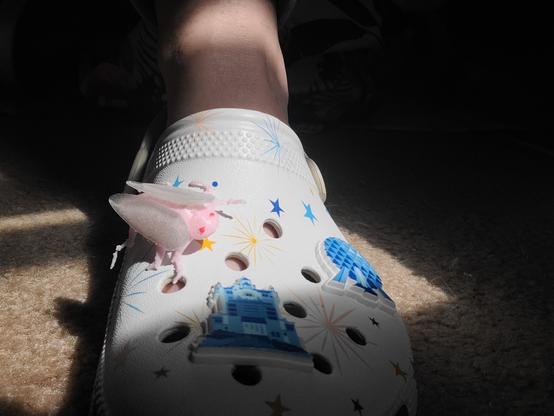 A picture of my croc shoe with a cicada charm on it - it has a pink body, red painted eyes, and glittery cloudy-white wings