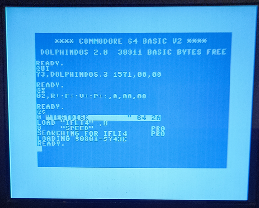 On the computer side DolphinDOS 2 kernal works flawlessly with DD3 in the drive. (SilverDream! mentioned that he never had DD3 kernal rom).

@X command (inherited by SD2IEC) shows current status: RAM expansion, fast loader, write verification, parallel connection are enabled.

DOS extension works as well.
