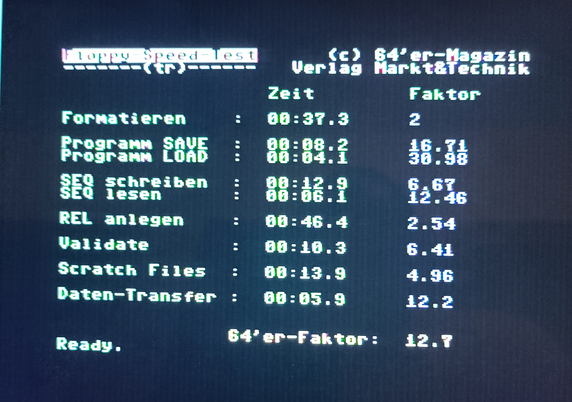 64'er benchmark in native 1571 mode. Both disk sides were formatted. On LOAD we get ludicrous speed of 31X the stock 1541.