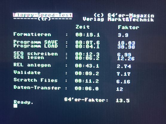 64'er benchmark in 1541 compatibility mode. Format is twice as fast because only one side was formatted. SAVE is slightly faster but LOAD has the same speed of 31X the stock 1541.