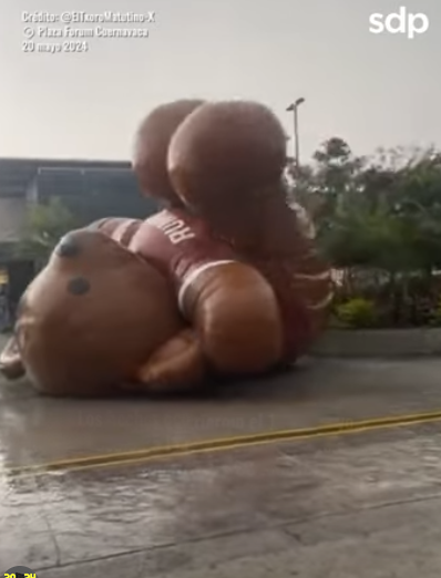 Screen clip of a giant bear rolling down a street