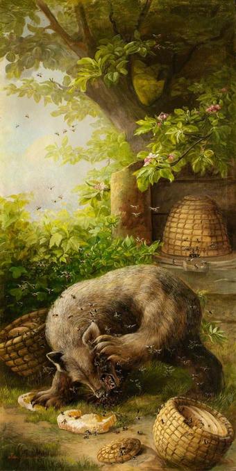 oil painting, long vertical composition, depicting a brown bear outside in an apiary eating honeycomb out of a broken beehive while being swarmed by the bees