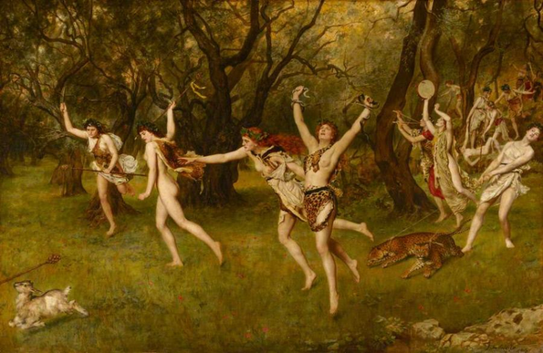 Oil on canvas painting titled "Maenads" by John Collier.  The outdoor landscape has many women dancing freely across the image.