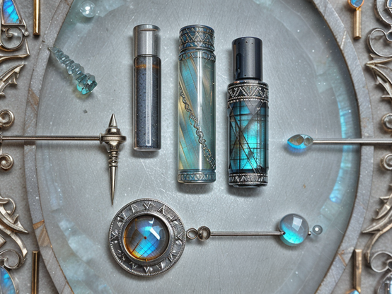 Alchemy tools and vials with blue gemstone liquids are arranged in an intricate circular pattern on a flame proof surface. The objects feature detailed and ornate magical designs.