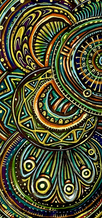 Illustration of abstract circles filled with colorful patterns overlapping one another on a brown paper bag