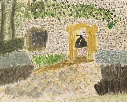 Watercolor painting of a bell made by Toshiko Takaezu which is currently on display at the Noguchi Museum garden.  The painting is in the style of pointillism.