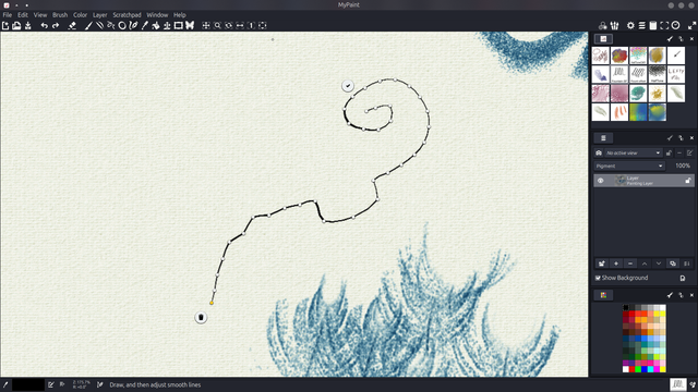 MyPaint interface showcasing the Inking tool. Along the line I drew on the canvas, there are a bunch of handles that can be used to adjust the line.