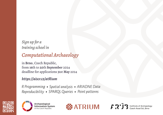 Poster inviting for a training school in Computational Archaeology in Brno, Czech Republic, from 16th to 20th September 2024.