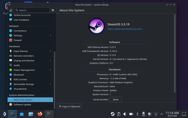 KDE "about this  system" dialog,  running on the Steam Deck