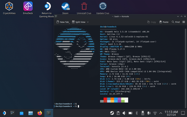 Fastfetch output in Konsole on the KDE desktop on Steam Deck