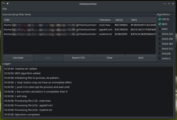 Screenshot of the program GUI under Linux Manjaro while processing files.