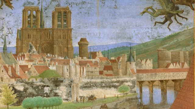 A medieval book illumination shows a town with a church