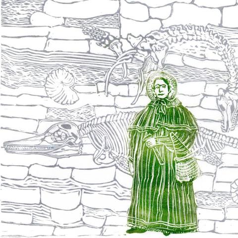 Linocut print of Mary Anning in green in large coat and bonnet with geological hammer and basket in front of blue lias cliff in silver with fossils she found