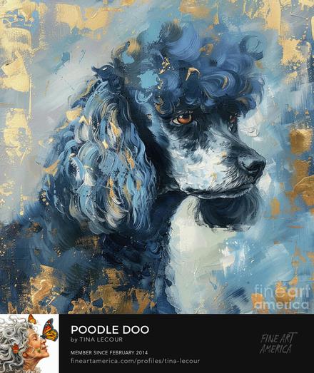 This is a digital art painting created from a photograph of a beautiful black poodle done in shades of black and blue with gold accents.