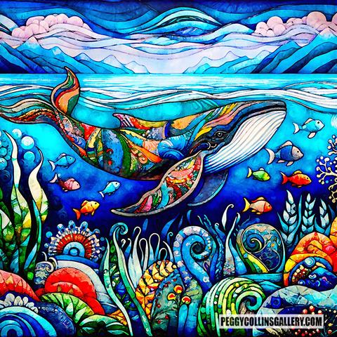 Colorful artwork of a humpback whale and fish underwater with aquatic plants in the foreground and mountains in the background, by artist Peggy Collins.