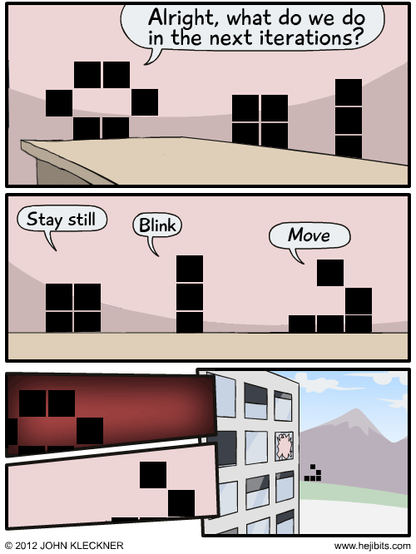A variant of the Boardroom Suggestion meme referencing Conway's Game of Life as a twist:

First panel: Several structures of black squares arranged on a surface. The left structure (beehive) of squares says, "Alright, what do we do in the next iterations?"

Second panel: Three groups of squares, each with a speech bubble. The left group (block) says, "Stay still," the middle group (blinker) says, "Blink," and the right one (glider) says, "Move."

Third panel: (Left) The beehive and glider are exchanging looks. (Right) The glider is gliding out of the window.