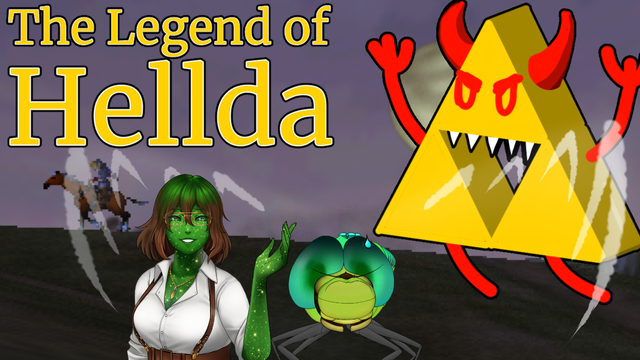 Me (blue and green dragonfly with an anime sweatdrop on my eye/forehead) and Lexi (gold-speckled green slime girl with glasses) being menaced by a giant triforce with teeth and horns, while Link rides Epona along a sunrise horizon in the background, all under the title 'The Legend of Hellda'.