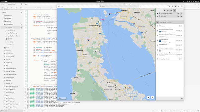 Screenshot showing GNOME Maps displaying a travel itinerary from downtown San Francisco to San Mateo, California, USA