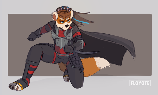 a pandaren rogue from world of warcraft wearing dark gray and red leather armor in a crouched-roguelike position. Her hair and cloak are blowing to the right side of the image.