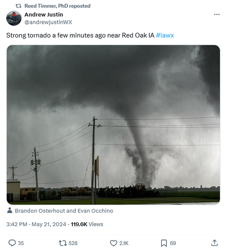 Tweet with B/W pic of ominous slim-looking tornado touching the ground
https://x.com/andrewjustinWX/status/1793004358172373014