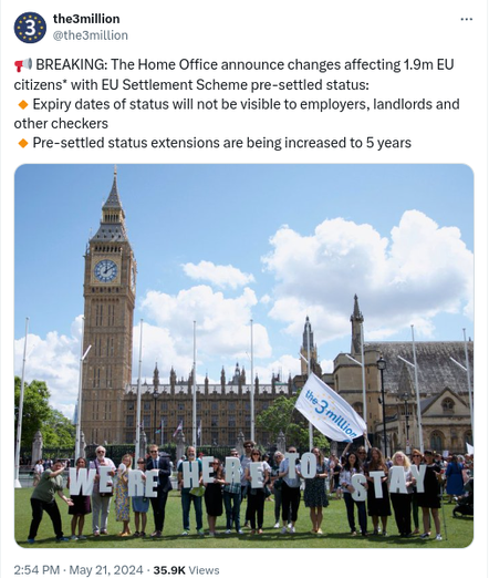 from: the3million

"📢 BREAKING: The Home Office announce changes affecting 1.9m EU citizens* with EU Settlement Scheme pre-settled status:  
🔸Expiry dates of status will not be visible to employers, landlords and other checkers
🔸Pre-settled status extensions are being increased to 5 years"
