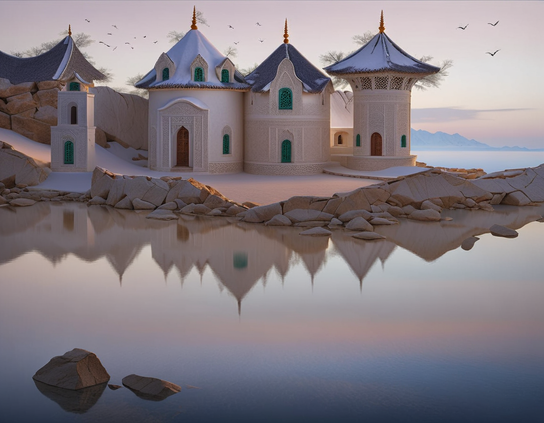 A row of round white buildings with carved decorations and dark blue, conical, fabric-like roofs awaits a flock of birds heading towards them in the pastel light of a lake twilight.