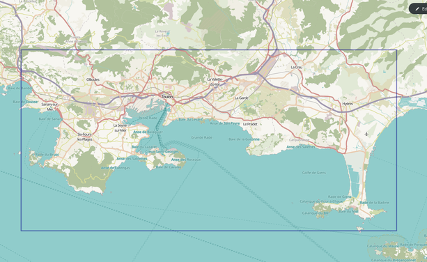 Carte du Var, avec un rectangle dessiné qui inclus les villes de Sanary-sur-Mer, Ollioules, Six-Fours-les-Plages, La Seyne-sur-Mer, Saint-Mandrier, Le Pradet, Carqueiranne, La Crau, Hyères, La Garde, La-Valette-du-Var