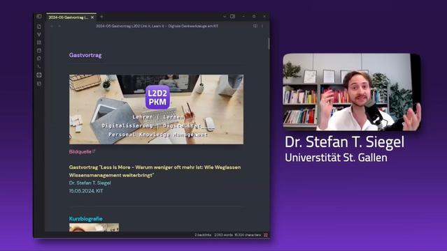 Less is More - Warum weniger oft mehr ist: Wie Weglassen Wissensmanagement weiterbringt
Dr. Stefan T. Siegel, Universität St.Gallen

Der Vortrag "Less is More - Warum weniger oft mehr ist: Wie Weglassen Wissensmanagement weiterbringt" findet im Rahmen des Seminars "L2D2 – Lehren, Lernen, Digitalisierung, Digitalität" von David Lohner im des Bildungswissenschaftlichen Begleitstudiums am Karlsruher Institut für Technologie statt. Der Vortrag ist speziell auf die Bedürfnisse angehender Lehrkräfte zugeschnitten und für alle interessierten Lehramtsstudierenden geöffnet. 

Der Gastreferent, Dr. Stefan T. Siegel (Universität St.Gallen), wird euch wertvolle Einblicke in die Kunst des Weglassens im Wissensmanagement geben. In eurem zukünftigen Beruf als Lehrer:innen werdet ihr oft mit einer Flut von Informationen konfrontiert sein. Daher ist es wichtig, dass ihr schon jetzt Strategien entwickelt, um den Fokus zu bewahren und euch auf das Wesentliche zu konzentrieren. In diesem Vortrag werdet ihr: 
- Die Herausforderungen und Risiken der Informationsüberflutung erkennen
- Strategien zur Verbesserung eurer digitalen Hygiene und Konzentration kennenlernen 
-Evidenzinformierte Strategien zur Reduktion von Ablenkungen anwenden lernen.

Wer mehr über meine Arbeit und mich erfahren will, findet hier mehr Infos: https://stefansiegel.de/ 

🐘 Mastodon: https://bildung.social/@StefanTSiegel
💼 LinkedIn:   / stefan-t-siegel-m-a-0a728bb6