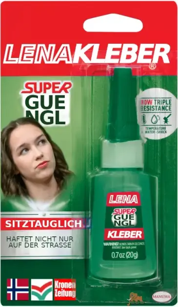 super glue welded i pack
"lena kleber (glue)"
shows lena s. austrian green mep candidate
and a bottle of superglue labled super gue-ngl glue (ep group "the left" guengl)

"sitztauglich" suitable for seats

"haftet nicht nur auf der strasse" doesnt only stick to the street

appliance examples show a flag of norway, guengl logo and logo of populist austrian daily paper "kronenzeitung"

those familiar with current events in austria will understand those references

for further reference (german):

https://www.derstandard.at/story/3000000220916/gruenen-kandidatin-schilling-ueberlegte-nach-der-eu-wahl-zu-linksfraktion-zu-wechseln

https://www.spiegel.de/ausland/lena-schilling-der-tiefe-fall-des-gruenen-shootingstars-in-oesterreich-podcast-a-27bb66ba-df85-476b-886f-cec91dae827d

https://www.krone.at/autor/l.schilling

remark: please do not read the glue as a comment against climate gluing protests per se