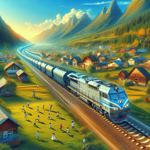 Bild einer modernen elektronischen Lokomotive, die durch eine liebliche Landschaft fährt. Sie zieht viele Güterwagen. Das Bild drückt Eleganz und Stärke aus. Die zweigleisige Bahnstrecke wird gesäumt von idyllischen Biotopen. In einem Dorf am rechten Bildrand sind spielende Kinder zu sehen.