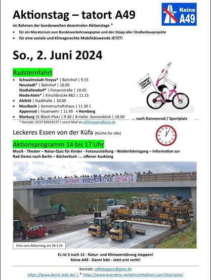 Plakat des Aktionstags gegen den Autobahnbau.   Am 2. Juni 202. Aufruf zur Radsternfahrt nach Dannenrid. Das Bild zeigt eine Brücke über die Autobahn. Auf der Brücke Menschen mit einem Transparent. Unter der Brücke Planierraupen.