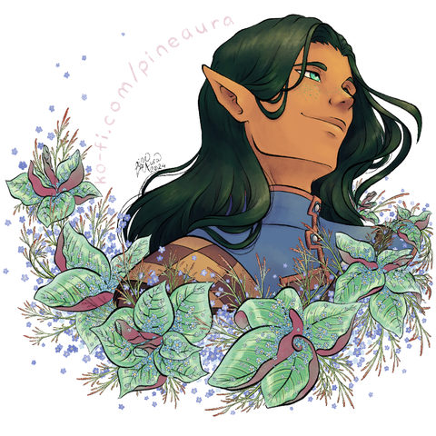 A portrait of an elf with copper green freckles on their tan skin, flowing dark green hair, and a blue top with leather brown accents reminiscent of their leather-like shoulder piece armour. They are framed by a crescent-shaped arrangement of plants – calathea, tufted grass, and forget-me-nots flowing around him in a gentle manner.