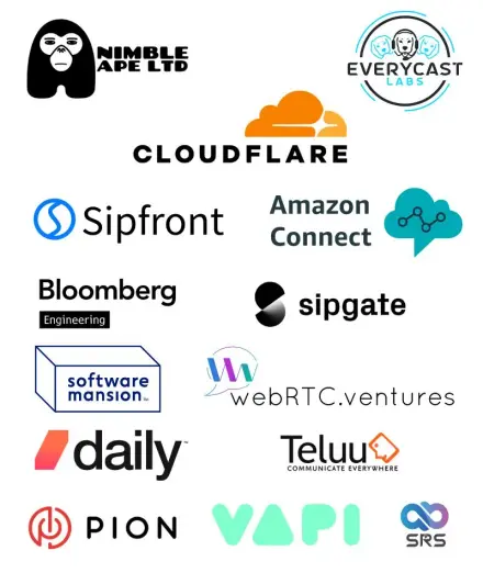 Sponsors logos on white background including: Nimble Ape, Everycast Labs, Amazon Connect, Bloomberg, Cloudflare, Sipfront, Sipgate, Software Mansion, Teluu, WebRTCVentures, Daily, Pion, SRS and VAPI