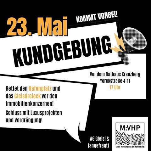 💥Announcement! Thursday 23.05.2024💥

🔥Hafenplatz and Gleisdreieck stay!🔥

Thursday, 23.05.2024 | 05:00 pm | Yorckstraße 4-11 10965 Berlin

Arrival: U6, U7, bus 140, M19 Mehringdamm

📣 Call: https://asanb.noblogs.org/?p=7672 - @hafenplatz_lebt

#b2305 #HafenplatzBleibt!