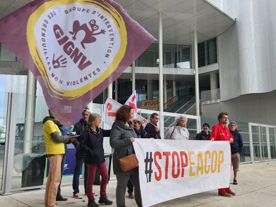 Un groupe de militants et militantes devant une salle de congrès moderne. Deux personnes tiennent une banderole avec écrit Stop EACOP
Au premier plan, en l'air, un drapeau du GIGNV, Groupe d'intervention des grenouilles non violentes, avec le logo d'une petite grenouille patte en l'air et d'une main ouverte. 
On aperçoit des drapeaux ATTAC au milieu du groupe militant.