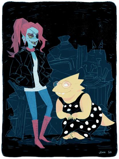 Fanart of Undyne and Alphys from Undertale at the dump having their garbage date