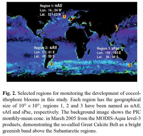 global map - selected regions for monitoring the development of coccolithophore blooms in the study