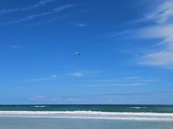 A variety of blue shades captured in the sunny sky over the ocean surf as waves splash ashore. Some white whispy smoke like clouds are scattered around the sky, where a white gull is flying over the water. Farther out the water's color is a teal blue, and lighter shades of blue between waves as the splash with white bubbles upon the beach.