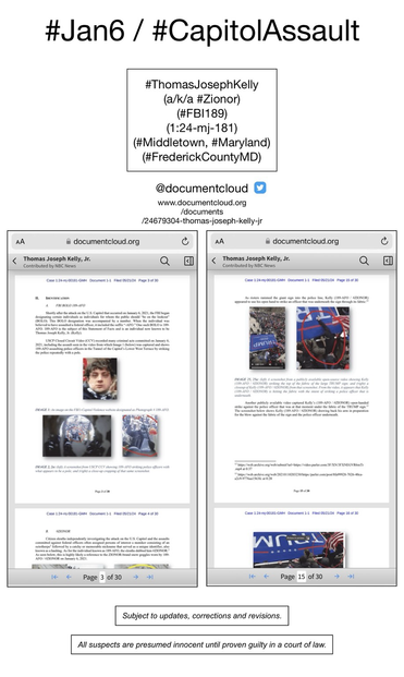 Screenshot of pages from court document pertaining to January 6th riot suspect Thomas Joseph Kelly (Middletown, Maryland).