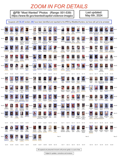 Poster showing photos of January 6th riot suspects still wanted by the FBI (version May 6th, 2024).