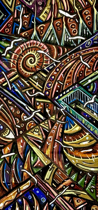 Abstract colorful illustration of curvy and pointy shapes with mostly warm colors and some cool ones on a brown paper bag.