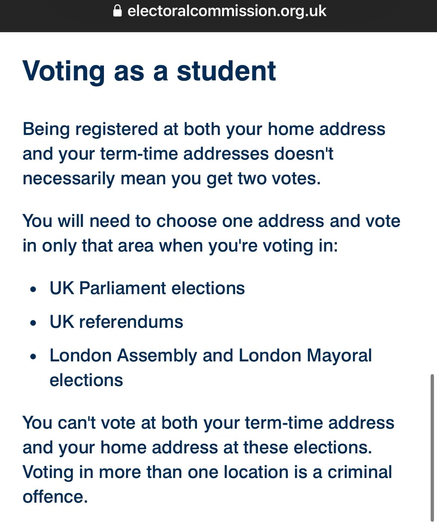 Screenshot of the Electoral Commission webpage on student vote.